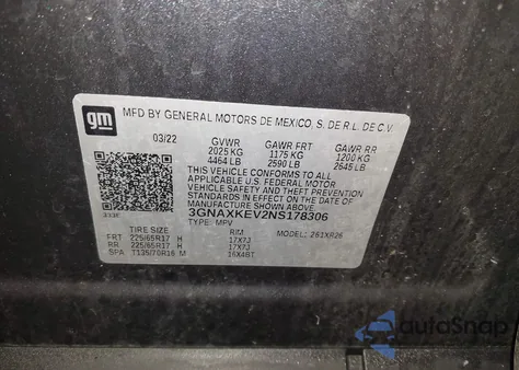 2022 Chevrolet Equinox Fwd Lt из США, поврежденный, VIN 3GNAXKEV2NS178306